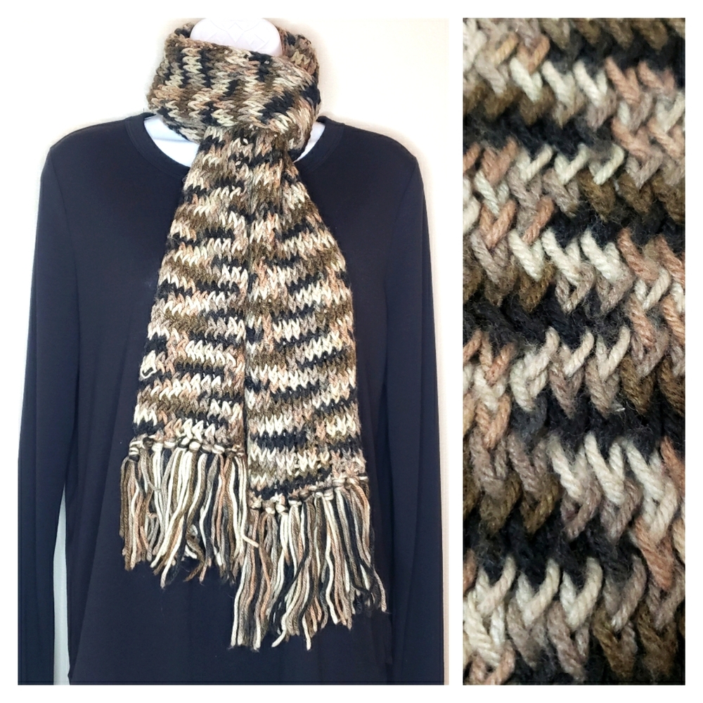Neutral Colors Handcrafted Crochet Scarf with Fringe Edges